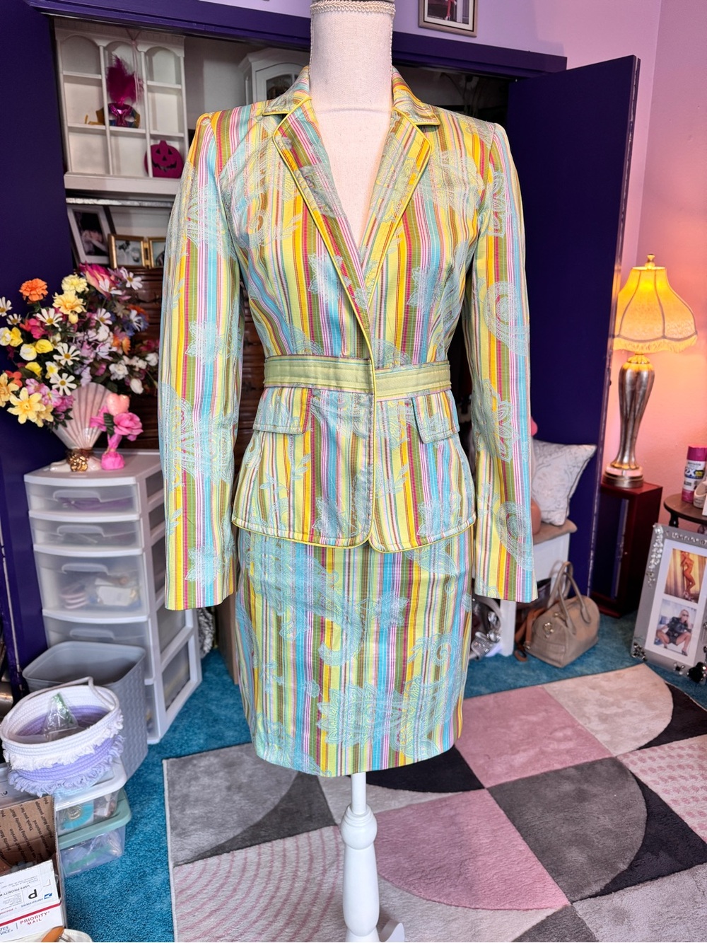 Cynthia Steffe Pastel Striped Blazer and Skirt Set in Yellow, Blue, Cream